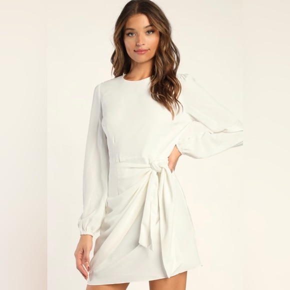 Lulus Dresses & Skirts - Lulu’s Believe it or Knot White Long Sleeve Tie-Front Slater Dress - Size L